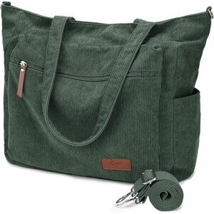 Dark Green Corduroy Large Tote Bag for Women with Zipper, Casual, Stylish, Versa